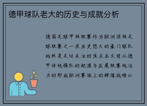 德甲球队老大的历史与成就分析