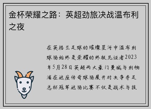 金杯荣耀之路：英超劲旅决战温布利之夜